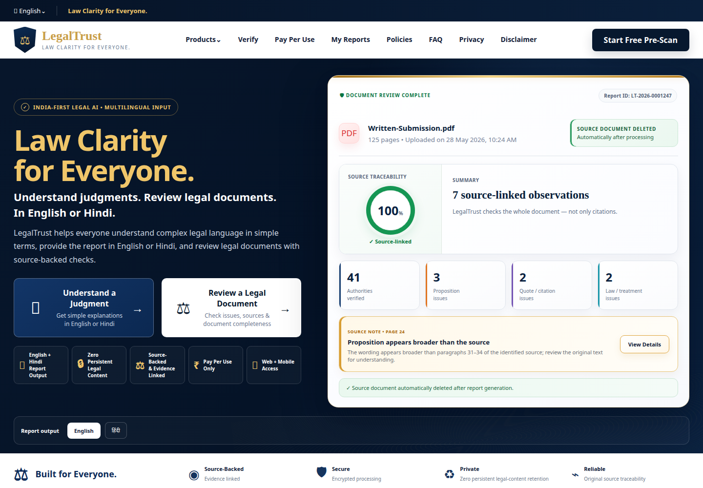 LegalTrust website showing its document-review experience